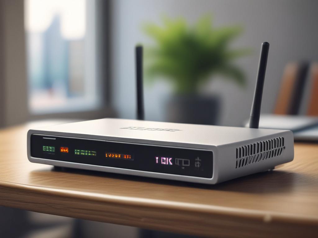 A hyper-realistic close-up shot of a MikroTik router placed on a sleek, modern desk. The router should be depicted in detail, showcasing its design and features. The background should be softly blurred to emphasize the router, with a color palette that includes shades of blue to align with the primary color rgb(2, 86, 197). The image should capture the essence of advanced networking technology.