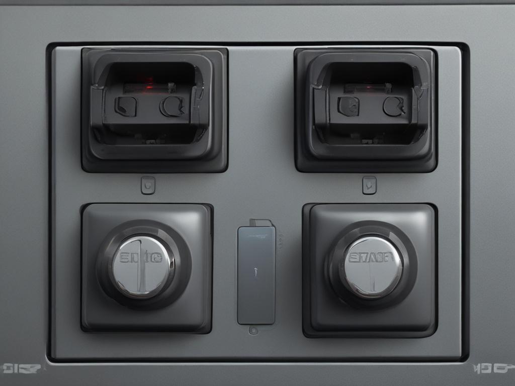 A hyper-realistic close-up shot of an Enterprise Switch, showcasing its ports and features. The image should have a simple background to emphasize the switch, shot with a 45mm f/1.2 lens, capturing intricate details and textures.