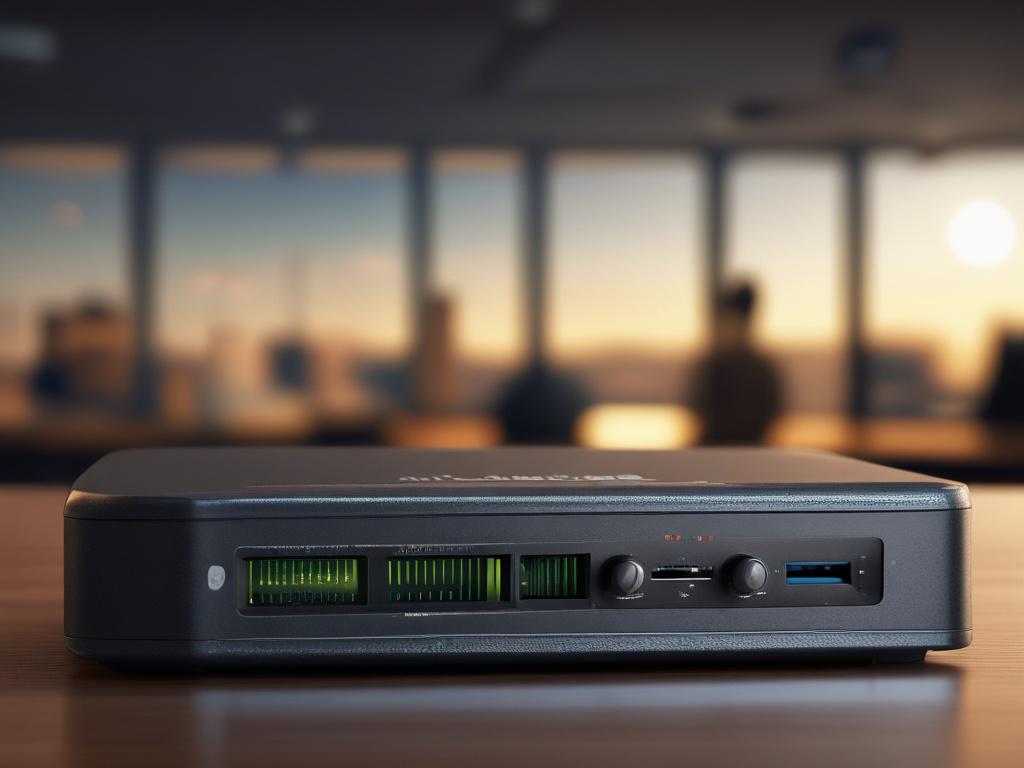 A hyper-realistic close-up shot of an Enterprise Router, highlighting its interfaces and design. The background should be minimalistic to focus on the router, taken with a 45mm f/1.2 lens to capture fine details.