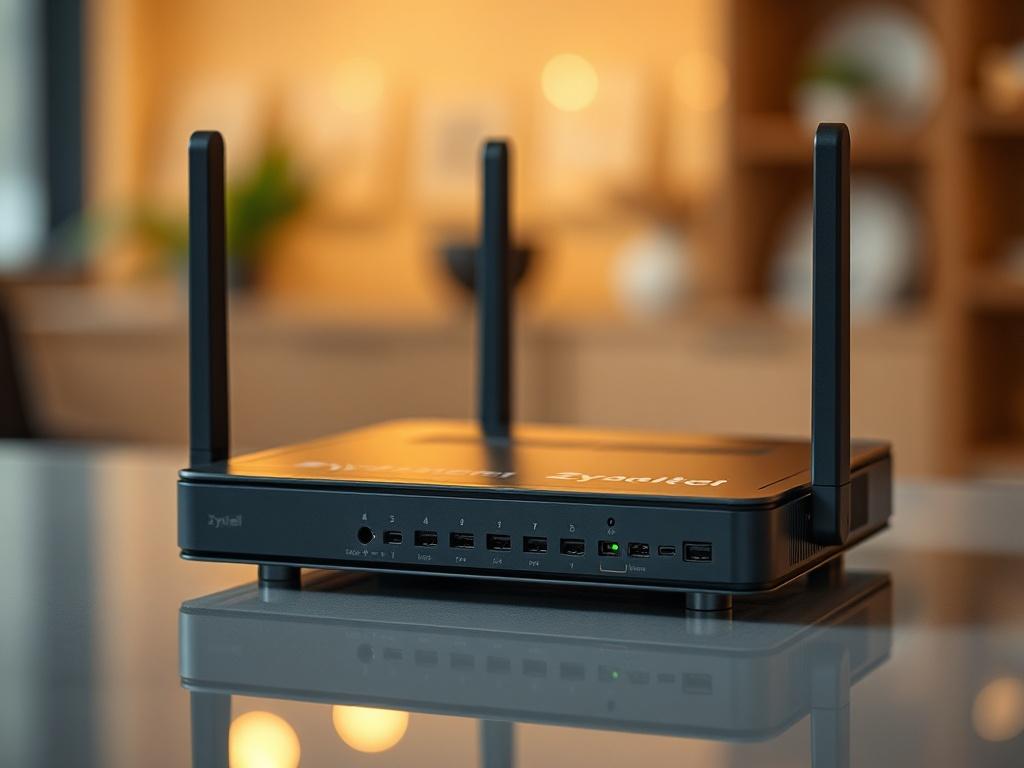 Create a close-up shot of the Zyxel USG FLEX 100 security gateway, showcasing its sleek and modern design. The device should be centered in the frame, with a soft-focus background that highlights its features. Use a realistic high-resolution style with a shallow depth of field, shot with a 45mm f/1.2 lens. Ensure the primary color of the image aligns with rgb(69, 10, 186), enhancing the product's visibility.