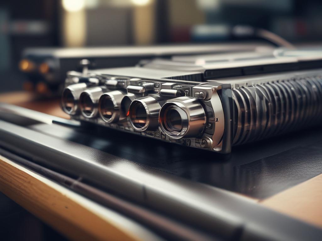 A hyper-realistic close-up shot of Fiber Optic Equipment, featuring an OLT and SFP Module. The image should focus on the components' details, with a soft background to highlight their sophistication, captured using a 45mm f/1.2 lens.