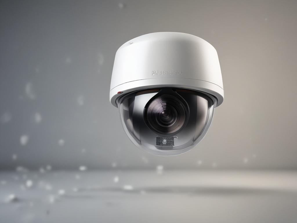 A high-resolution close-up shot of a modern surveillance camera, focusing on its sleek design and advanced features. The camera should be set against a simple, unobtrusive background that enhances its professional appearance. The shot should capture details such as the lens, casing, and any visible buttons or indicators, highlighting the camera's quality. The image should be rendered in hyper-realistic style, with attention to lighting and texture, using an RGB color scheme that includes the primary color r