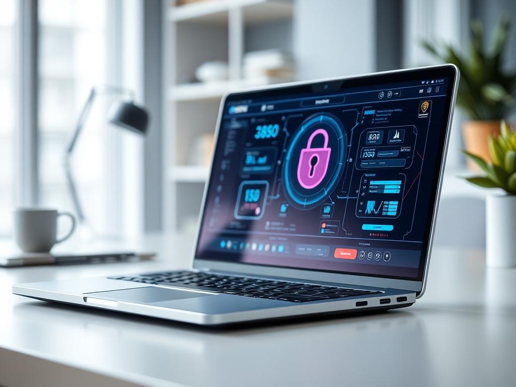 A close-up shot of a modern digital security interface displayed on a sleek laptop screen. The laptop is positioned on a minimalist desk, showcasing a professional workspace. The background features soft, blurred office elements, emphasizing focus on the security interface. The image should be rendered in hyper-realistic detail, capturing the sleek design of the laptop and the vibrant colors of the interface, aligned with the rgb(69, 10, 186) primary color.