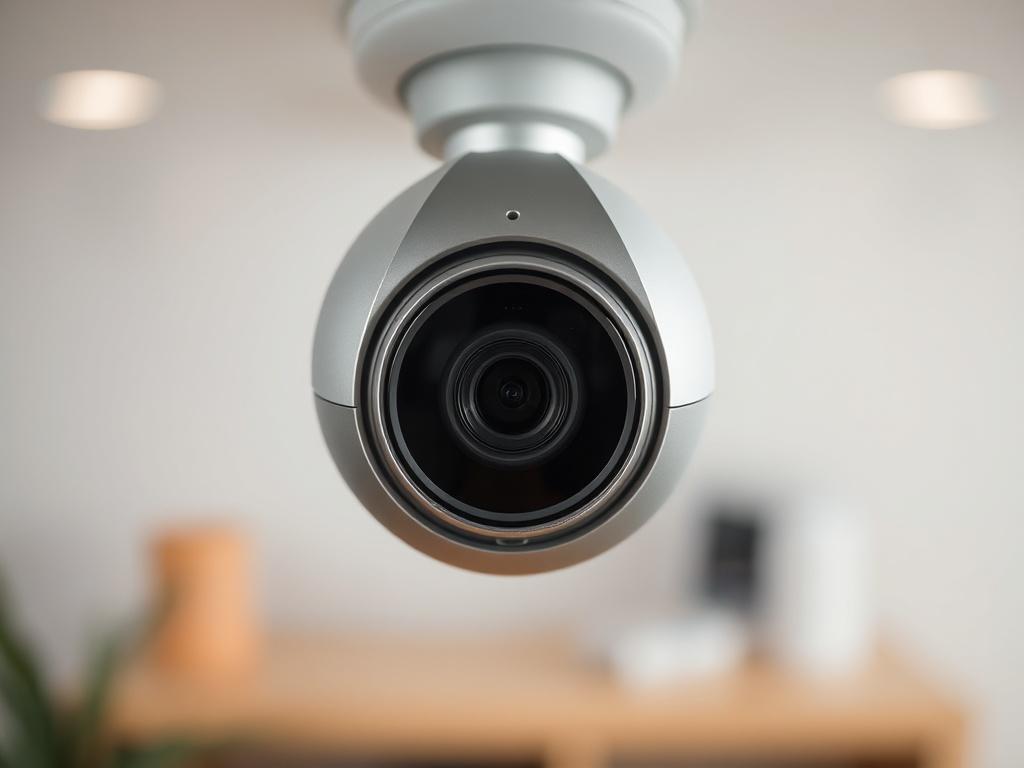 A hyper-realistic close-up shot of the Axis M3067-P network camera, showcasing its sleek design and high-quality lens. The camera should be centered in the frame with a soft-focus background that highlights its features. Use a lighting setup that accentuates the camera's metallic finish and intricate details. The image should have a professional look, captured with a 45mm f/1.2 lens style to create a shallow depth of field, ensuring the camera stands out prominently against a softly blurred background.