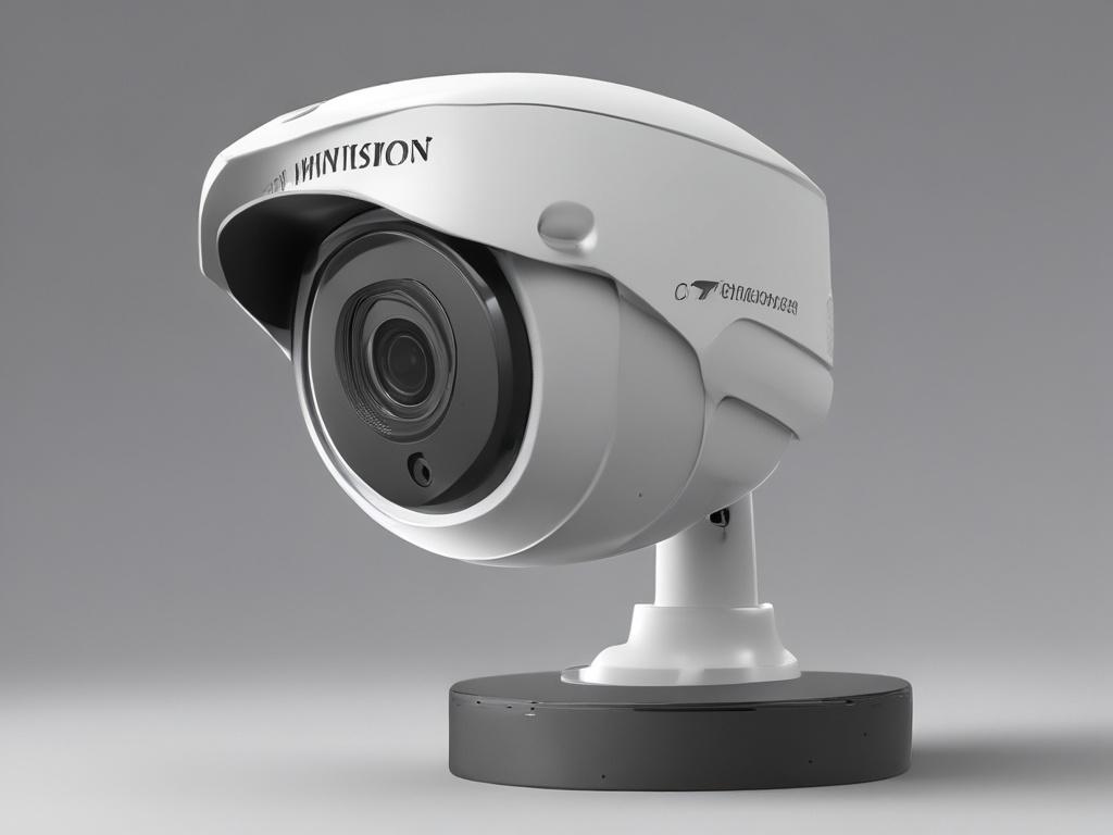 Close-up shot of the Hikvision DS-2CD1143G0-I network camera, showcasing its sleek design and lens detail. The camera is placed against a simple, neutral background, highlighting its features. The lighting is focused to emphasize the texture and quality of the camera body. The image should be captured using a 45mm f/1.2 lens style, ensuring a hyper-realistic representation with a depth of field that blurs the background, drawing attention to the camera.