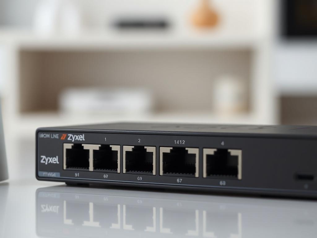 A close-up shot of the Zyxel GS1200-8 unmanaged switch, featuring its 8 Gigabit Ethernet ports clearly visible. The switch should be presented on a clean, minimalistic surface with a soft-focus background that emphasizes its sleek design. The image should be rendered in high-resolution with a hyper-realistic style, shot with a 45mm f/1.2 lens. The primary color of the image should complement rgb(69, 10, 186).