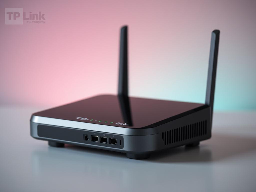 A realistic high-resolution close-up shot of the TP-Link DSL Modem Router TD-W997. The router is centered in the frame, showcasing its sleek design and LED indicators. The background is a subtle gradient of rgb(50, 170, 39) to complement the product. The focus is sharp, highlighting the details of the router's ports and features, captured with a 45mm f/1.2 lens style.