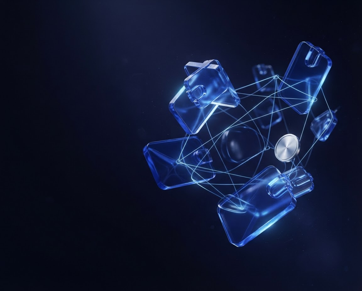 Blue glass wallet-inspired forms and luminous network lines
