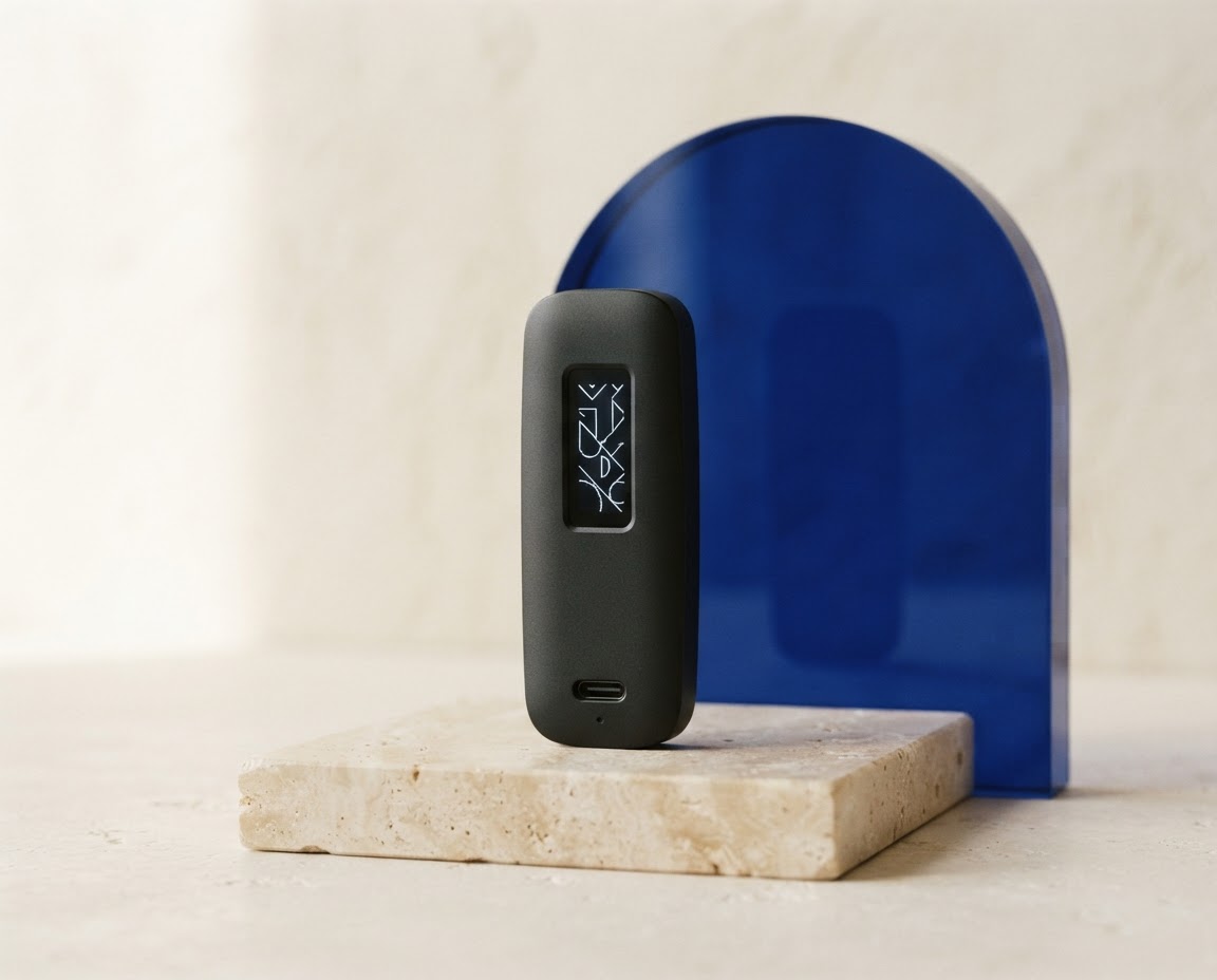 Minimal hardware wallet displayed against a cobalt sculptural backdrop