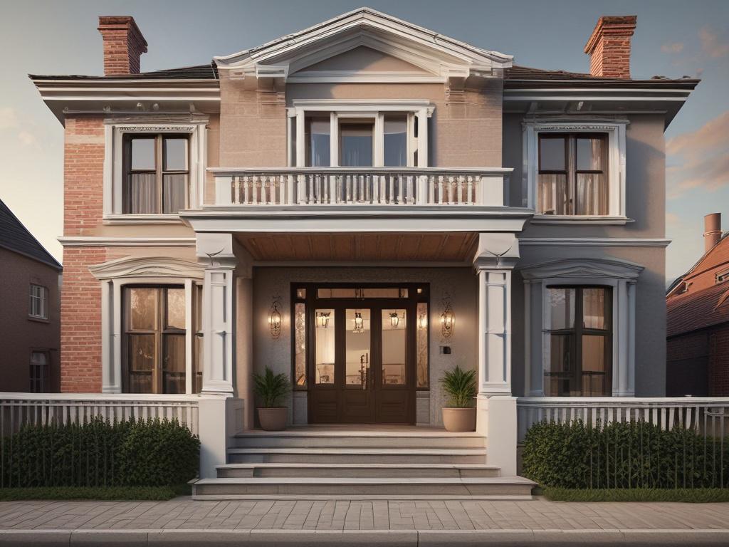 A hyper-realistic close-up shot of a beautifully designed residential property, showcasing intricate architectural details. The image should focus on the facade of the house, with warm lighting that highlights the textures and materials used. A lush garden in the foreground complements the scene, creating an inviting atmosphere. The shot should be captured with a 45mm f/1.2 lens style, emphasizing the depth of field and bringing the architectural features into sharp focus.