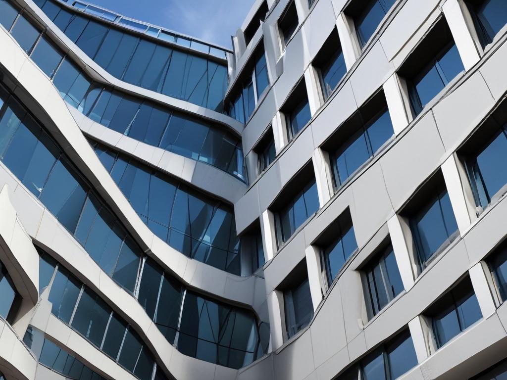 An artistic close-up shot of an innovative architectural design, showcasing unique lines and forms. The image should highlight the structure's modern materials and bold features, set against a backdrop of a clear blue sky. The focus should be on the interplay of light and shadow, accentuating the design's creativity and flair. Captured with a 45mm f/1.2 lens, the photograph should draw the viewer's eye to the stunning details of the architecture.