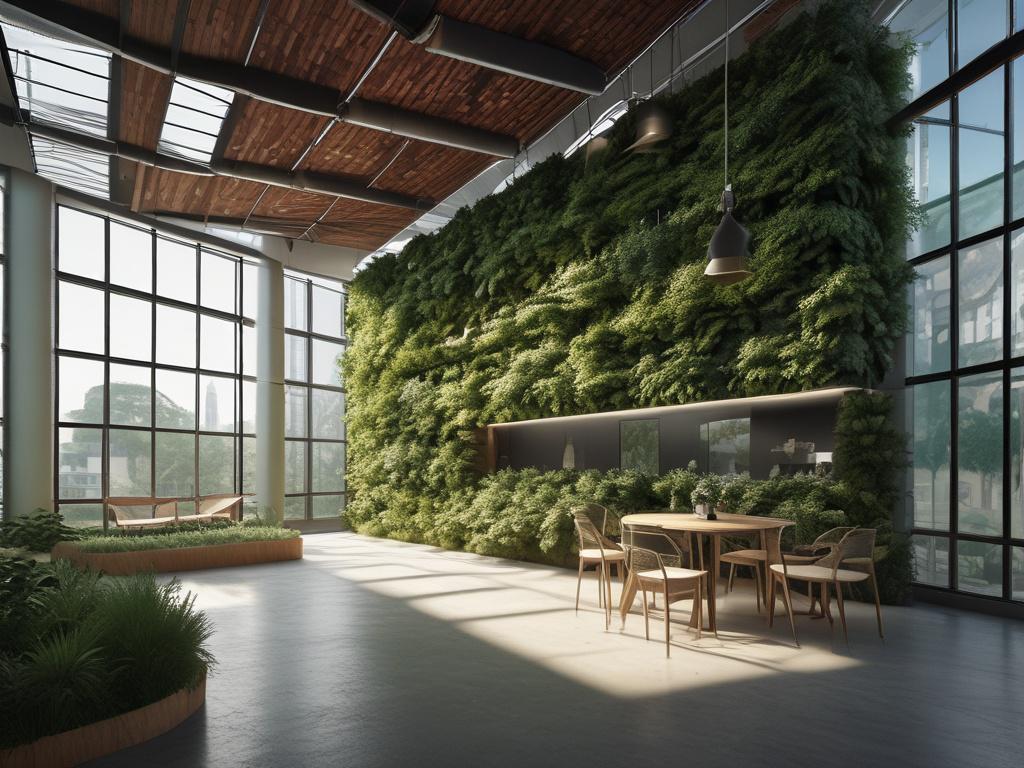 A close-up shot of a sustainable building, highlighting eco-friendly features such as solar panels and green walls. The image should capture the building's integration with natural surroundings, showcasing how it blends into the environment. Soft, natural lighting should illuminate the scene, enhancing the organic feel of the architecture. The photograph should be taken with a 45mm f/1.2 lens style, focusing on the details that represent sustainable design.