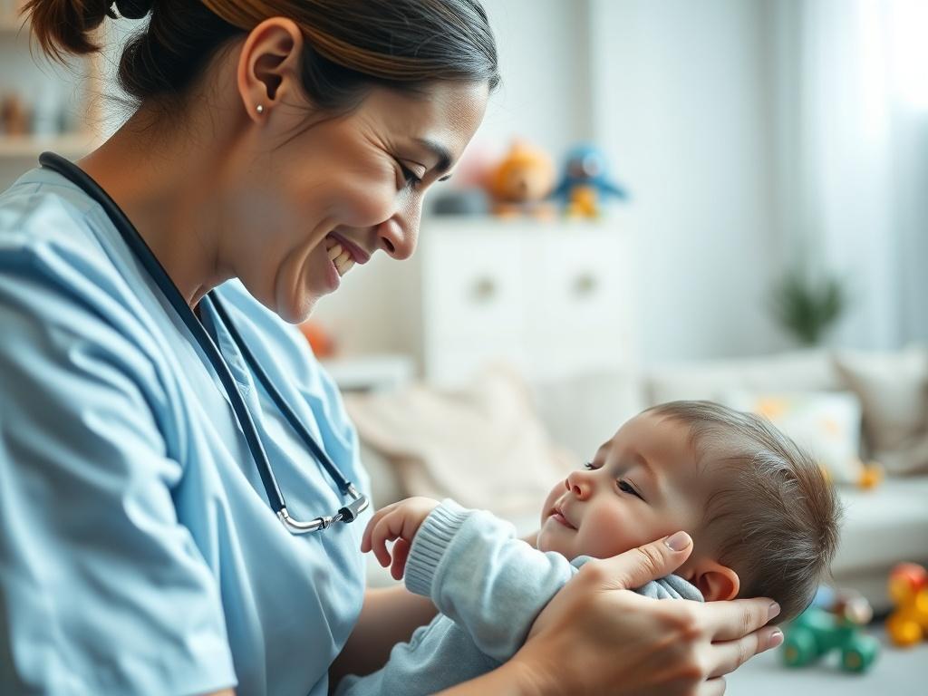 A high-resolution close-up shot of a pediatric nurse gently caring for a child at home, showcasing a warm and nurturing environment. The nurse is smiling and interacting with the child, who appears calm and comfortable. The background features soft lighting and a cozy living room setting with colorful toys, creating a sense of safety and care. The image should be realistic and detailed, captured with a 45mm f/1.2 lens to highlight the connection between the nurse and the child.
