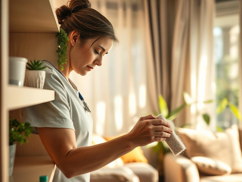 A close-up shot of a caregiver gently cleaning a cozy living room space, showcasing a warm and inviting atmosphere. The caregiver is focused on dusting a shelf, with sunlight streaming through a window, illuminating the room. The background includes soft furnishings and plants, reflecting a comfortable home environment. The image should be captured in high resolution with a 45mm f/1.2 lens style, emphasizing realism and warmth.
