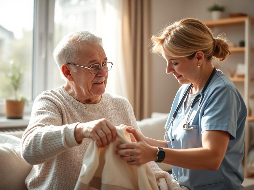 A caring professional assisting an elderly person with household chores in a sunlit living room, emphasizing warmth and comfort. The scene should include a clean and organized space, showcasing a cozy atmosphere. The caregiver is gently helping the elderly person with laundry, with a window in the background allowing natural light to flood the room. The focus should be on the bond between them, illustrating support and care.
