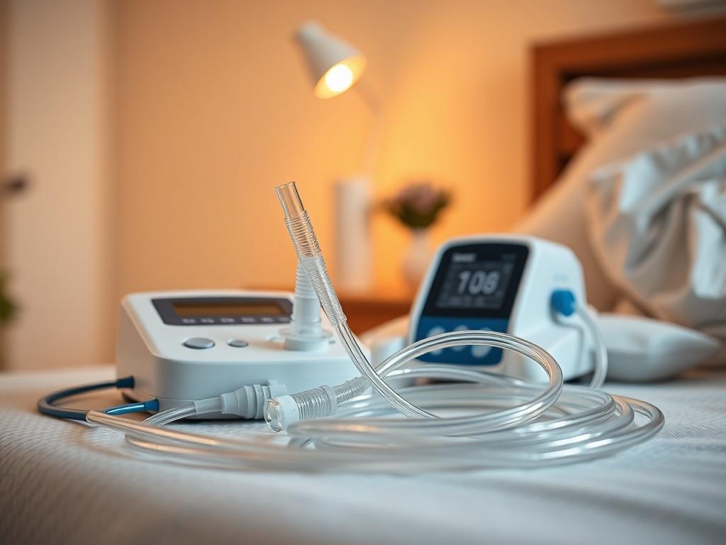 A close-up shot of a tracheostomy tube setup at home. The scene should include a clean and well-organized bedside table with a tracheostomy tube, a suction machine, and essential care items. The background should be softly blurred to focus on the items in the foreground. The lighting should be warm and inviting, emphasizing a sense of comfort and safety in a home environment.