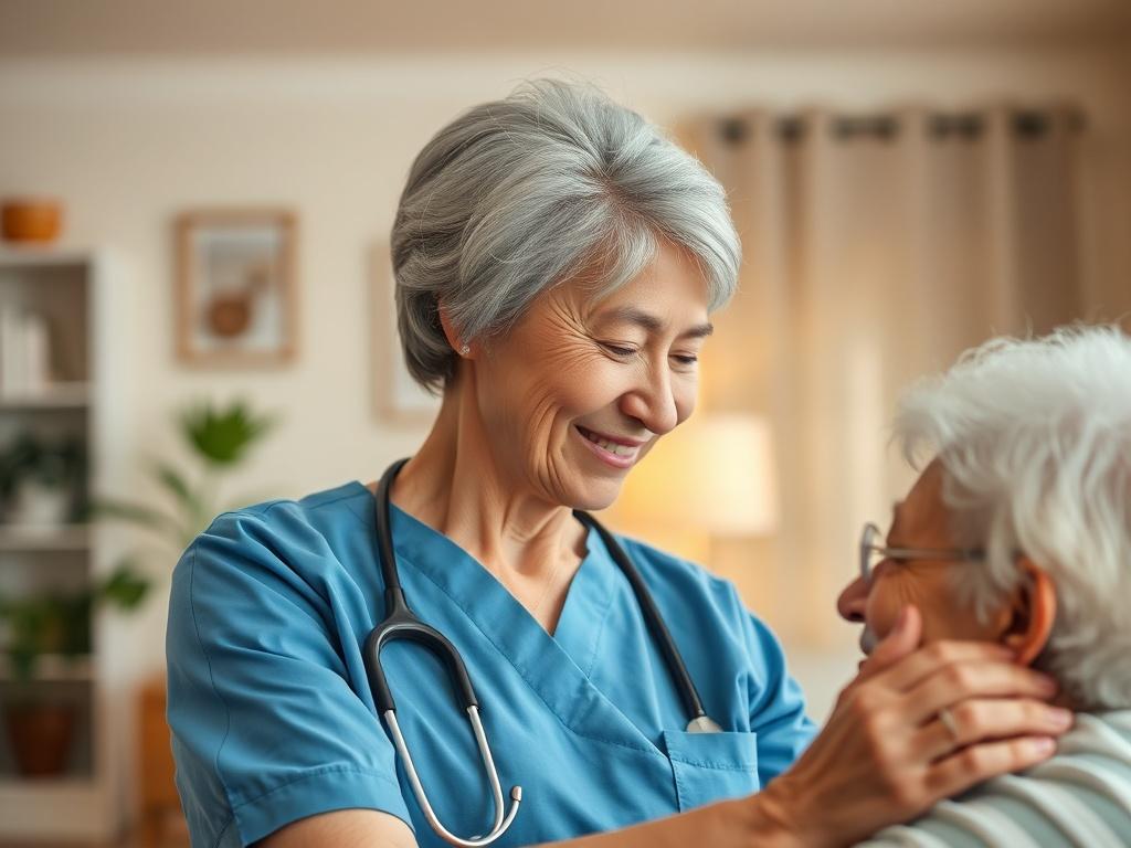 A close-up shot of a compassionate caregiver gently assisting an elderly person in their home setting. The caregiver is smiling, wearing a professional uniform, and showing attentiveness. The background features a warm, cozy living room with soft lighting, highlighting the caring atmosphere. The image emphasizes the human connection and comfort in home care.