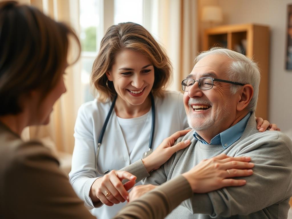 A warm and inviting scene of a caregiver assisting an elderly person in their home, showcasing compassion and care. The caregiver is a middle-aged woman with a gentle smile, helping the elderly man, who has a joyful expression. The setting is a cozy living room with soft lighting, comfortable furniture, and a touch of greenery in the background. The focus is on the interaction between them, capturing a moment of connection and support.
