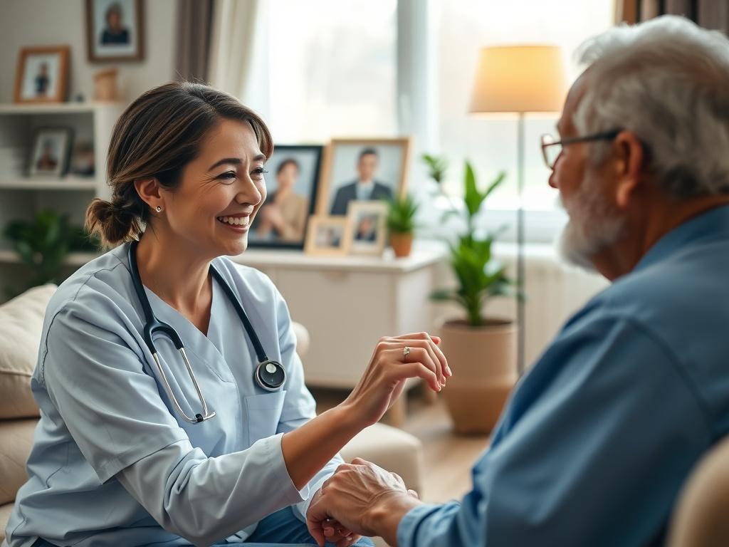 A caring nurse attending to an elderly patient at home, showcasing a warm and compassionate atmosphere. The nurse is smiling gently while holding the patient's hand, sitting in a cozy living room filled with soft lighting and comfortable furniture. The background includes family photos and plants to create a homely feel, emphasizing the theme of care and support.