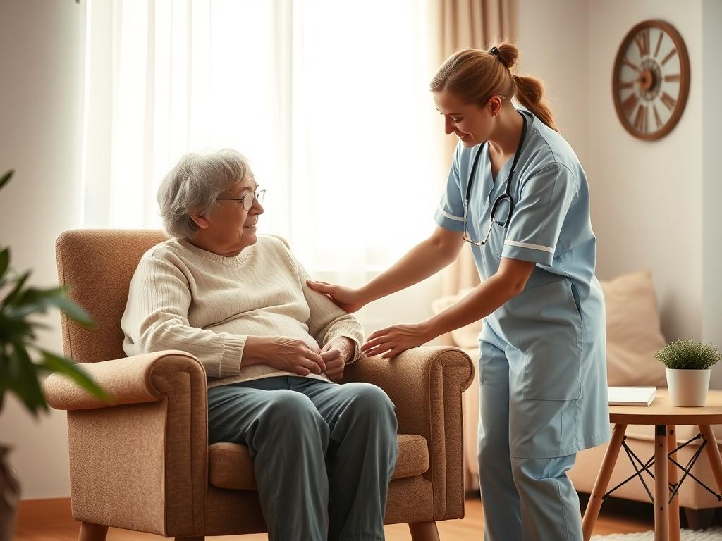 A warm and inviting living room scene with a cozy armchair and a small table, softly lit by natural light coming through a window. A caring caregiver is gently assisting an elderly person in a comfortable environment, showcasing compassion and professionalism. The background is simple and homely, emphasizing a sense of comfort and care.