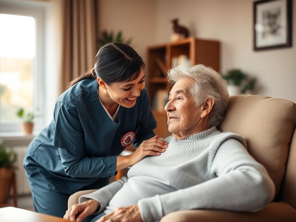A realistic high-resolution photo of a warm and inviting living room setting, showcasing a comforting and supportive atmosphere for elderly care. The scene should feature a caregiver gently assisting an elderly person in a cozy armchair, with soft lighting and a serene background. The composition should focus on the connection between the caregiver and the elderly person, reflecting compassion and professionalism.