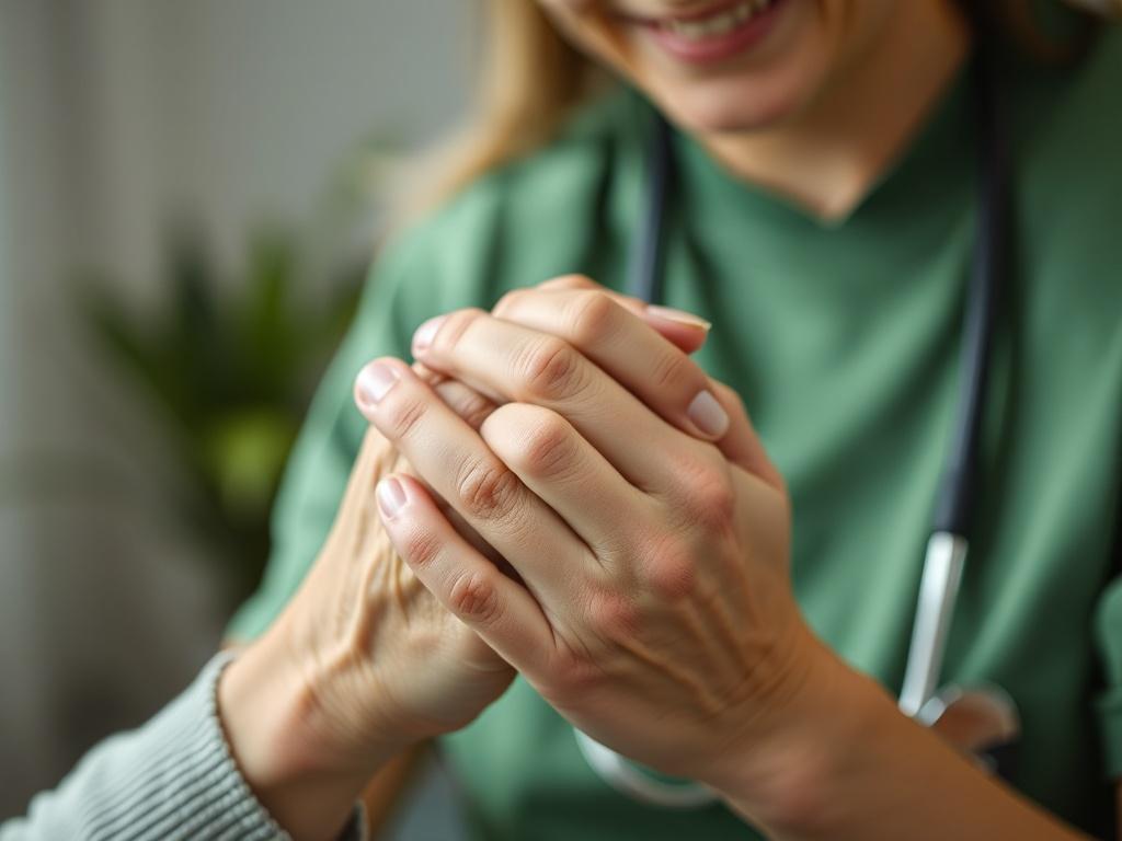 A close-up shot of a compassionate caregiver holding the hand of an elderly person, showcasing a warm and empathetic expression. The background should be softly blurred to emphasize the connection between the caregiver and the patient. The colors should be gentle and inviting, with a focus on greens and earth tones to reflect a calm and caring atmosphere.
