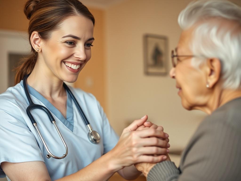 A close up shot of a caring nurse assisting an