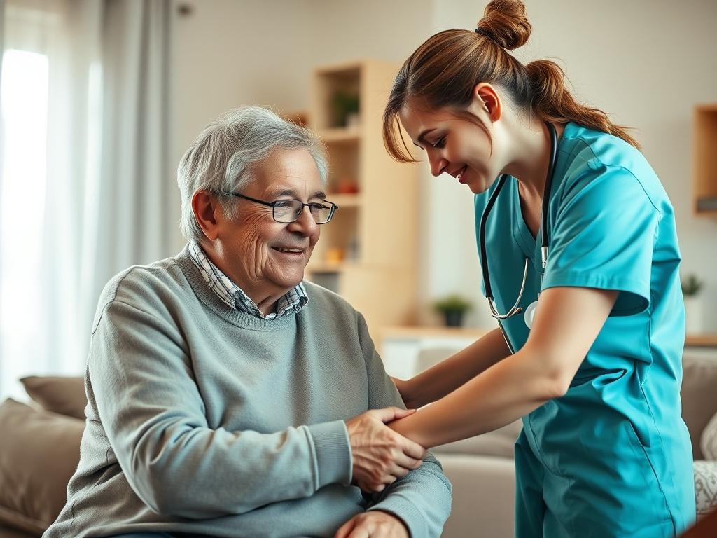 A caring nurse assisting an elderly person in their home,