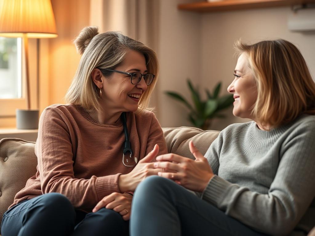 A compassionate mental health professional engaging in a supportive conversation