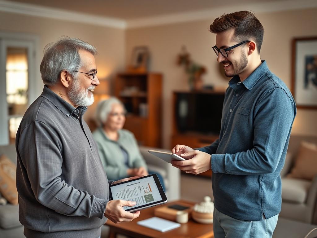 A young insurance representative visiting a client at their home. The representative is standing in a well-lit living room, engaging in a friendly conversation with an older couple. The room is decorated with warm colors, and there are cozy furniture pieces like a sofa and a coffee table. The representative is holding a tablet, showing information about insurance options. The focus is on the interaction between the representative and the clients, capturing a sense of trust and professionalism.
