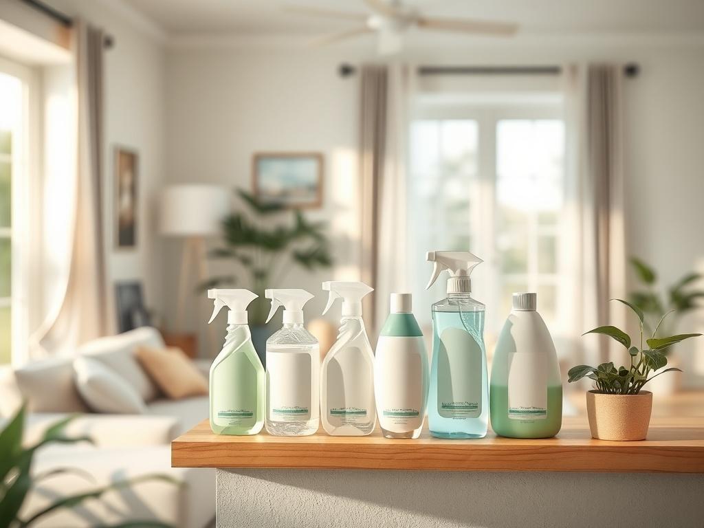 A serene home environment showcasing cleaning products neatly arranged on a wooden shelf. The background features a softly lit living room with natural light streaming through a window. The atmosphere is calm and inviting, emphasizing cleanliness and freshness. The colors should be soft, with a harmonious blend of greens and neutrals, creating a peaceful ambiance.