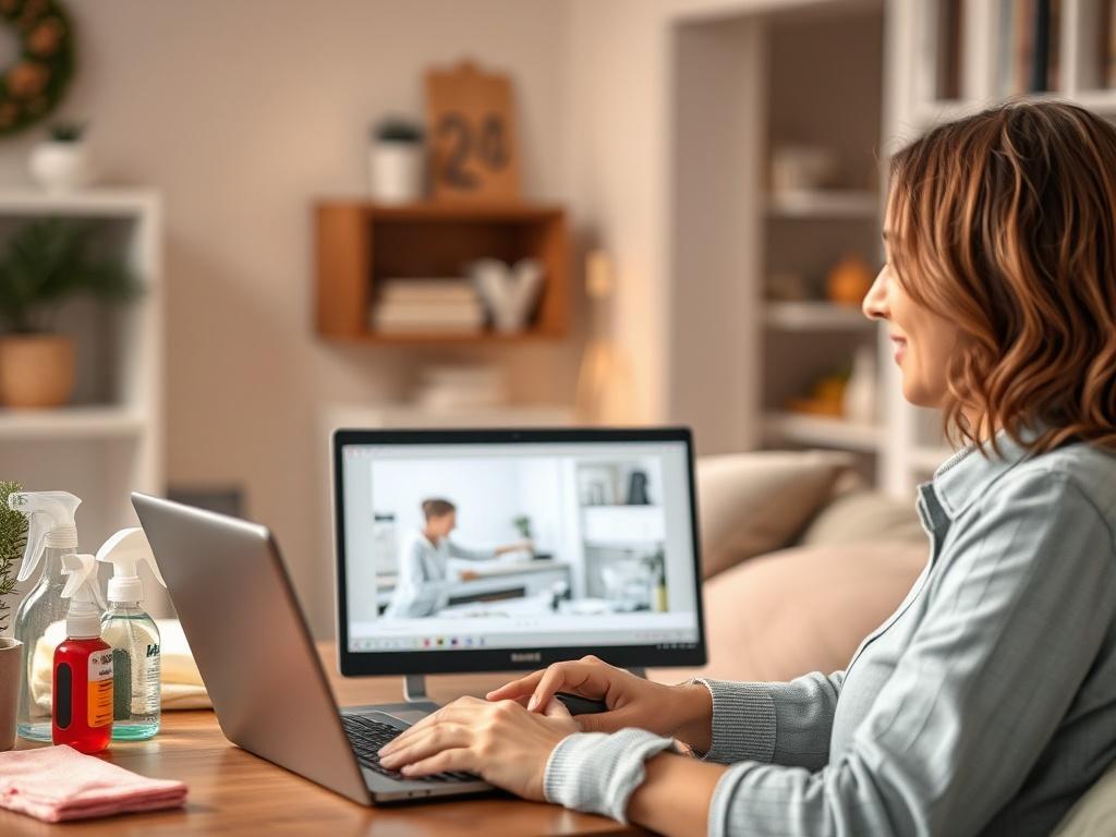 A cozy home setting featuring a friendly instructor teaching a virtual cleaning workshop. The instructor is engaged with a laptop showing a cleaning demonstration. The background is softly lit, with warm tones, and includes cleaning supplies like sprays and cloths, creating a peaceful and inviting atmosphere.