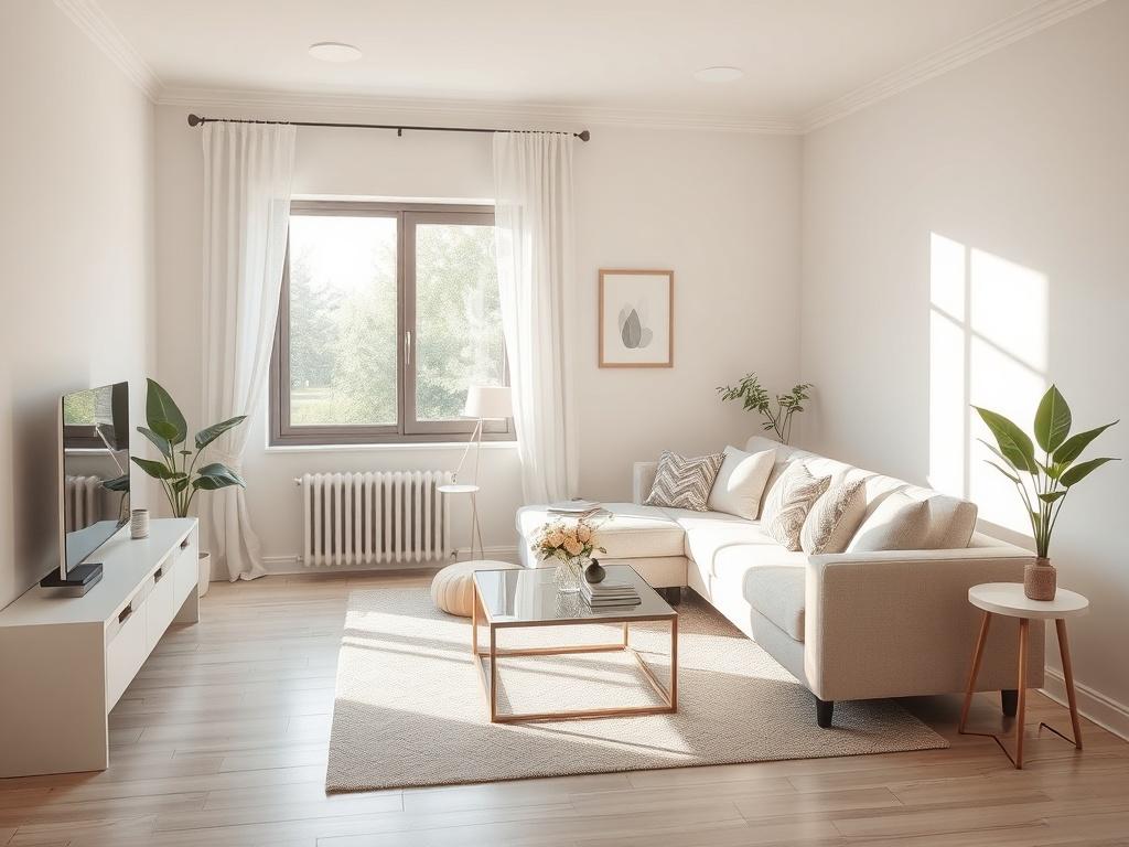 A serene, high-resolution photo of a clean and organized living room with soft, natural lighting. The room should feature a single, well-arranged sofa with decorative pillows, a neatly placed coffee table, and a window showcasing a peaceful outdoor view. The atmosphere should convey tranquility and cleanliness, with gentle tones and a touch of greenery to enhance the fresh feel of the space.