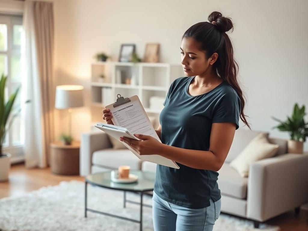 A serene and inviting living room with soft lighting, featuring a single professional cleaner thoughtfully reviewing a personalized cleaning plan on a clipboard. The background showcases a well-organized space with gentle colors, soft textures, and a peaceful atmosphere, embodying the essence of a personalized cleaning consultation.
