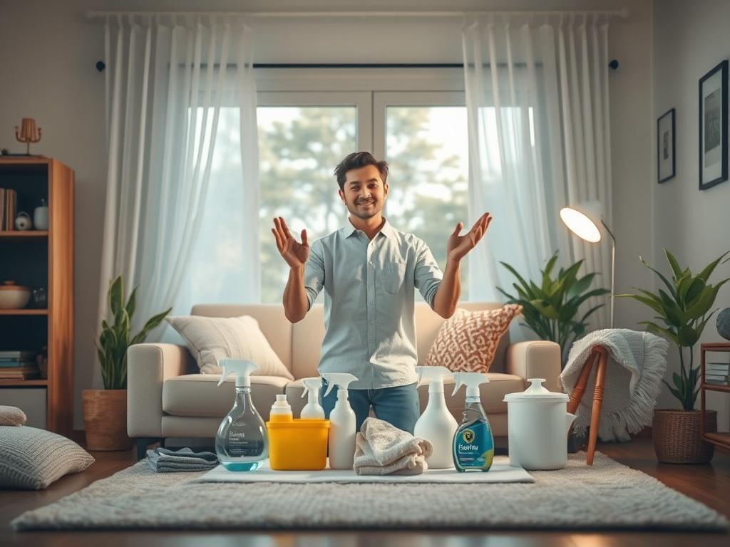 A serene virtual workshop scene featuring a single person demonstrating cleaning techniques in a cozy home environment. The individual is surrounded by cleaning supplies, showcasing a clean and organized living room. Soft lighting enhances the peaceful atmosphere, with gentle colors that evoke a sense of calm and cleanliness.