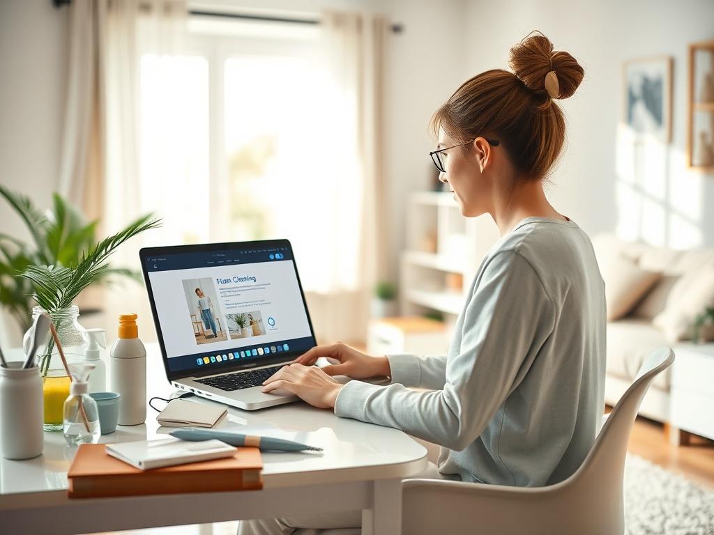 A serene home environment showcasing a person actively engaged in a virtual cleaning workshop. The individual sits at a well-organized desk with a laptop open, displaying a cleaning tutorial. Soft natural light illuminates the room, highlighting cleaning supplies neatly arranged nearby. The background features a clean and tidy living space, emphasizing the effectiveness of the cleaning techniques being taught. The overall atmosphere is peaceful, encouraging focus and learning.