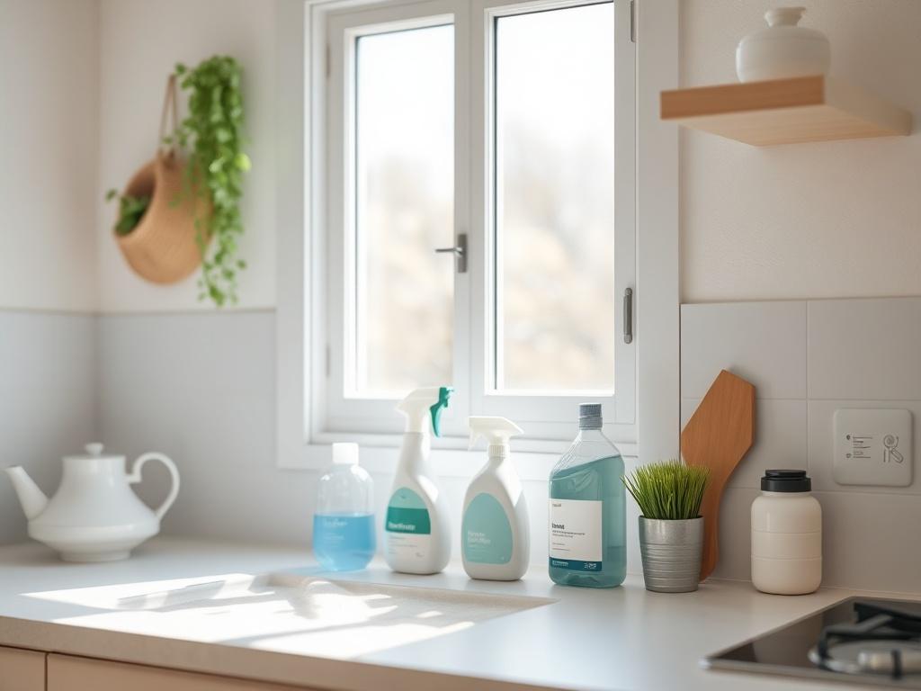 A serene kitchen scene showcasing a clean countertop with a