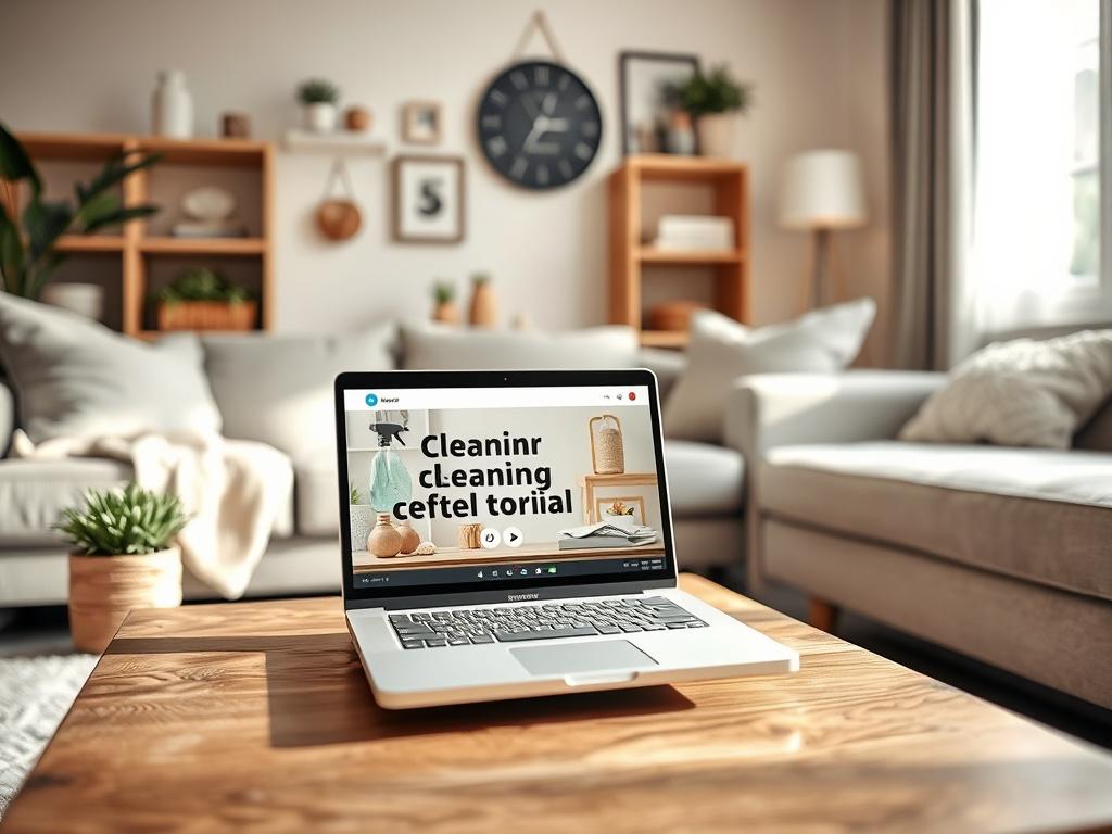 A cozy living room setting featuring a laptop on a