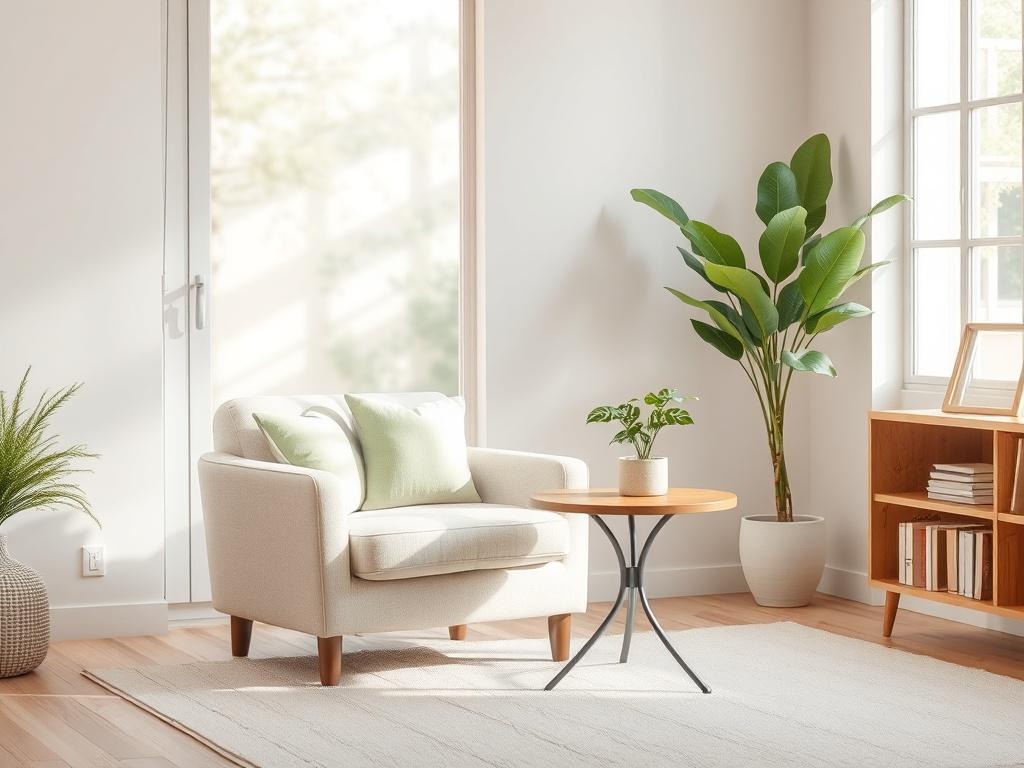 Create a realistic high-resolution photo featuring a serene, inviting living room that embodies the essence of a fresh start. The composition should focus on a single subject: a beautifully arranged cozy nook with a plush, light-colored armchair and a small, neatly styled coffee table next to it. 

The armchair should have soft cushions in shades of pastel green to complement the primary color of rgb(50, 170, 39). On the coffee table, display a small potted plant with lush leaves to signify rejuvenation. 

