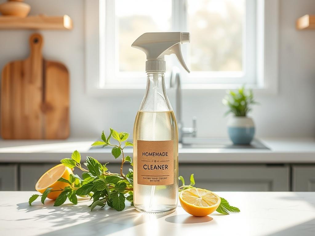 **AI Image Generation Prompt:**

Create a high-resolution photo of a single, beautifully arranged countertop in a bright and airy kitchen setting. The main subject should be a stylish glass spray bottle filled with a homemade eco-friendly cleaner, featuring a natural label. The bottle should be surrounded by fresh green herbs, such as mint and basil, and a few slices of lemon, emphasizing the use of natural ingredients. 

In the background, showcase a clean and simple kitchen environment with soft, natural 