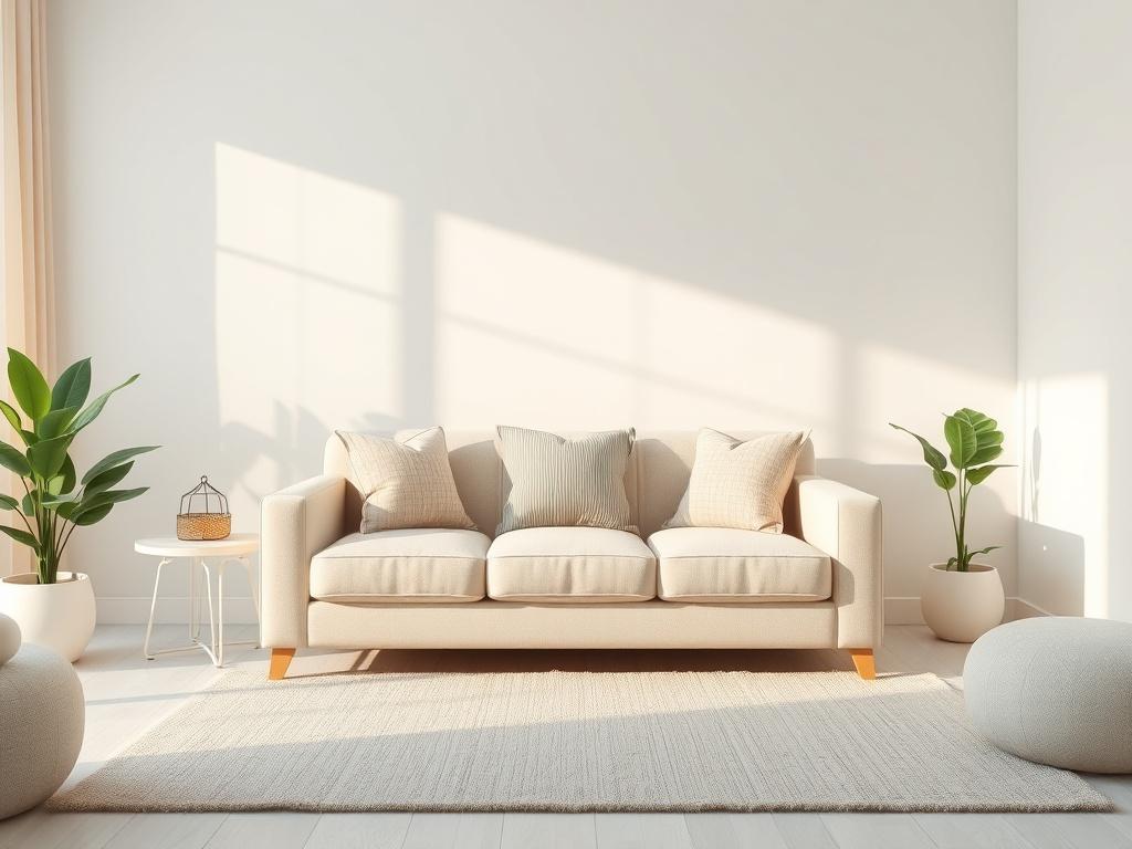 A serene and clean living room, showcasing a well-organized space with soft lighting and gentle tones. The focus is on a single, inviting couch with decorative pillows, surrounded by a tidy environment that conveys a sense of calm and freshness. The atmosphere is peaceful, embodying the essence of a fresh start.