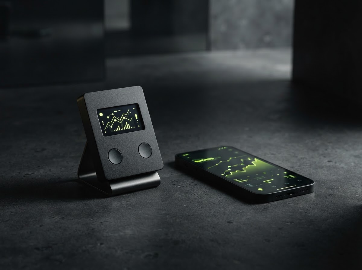 A Trezor-style hardware wallet beside a smartphone with an abstract portfolio display