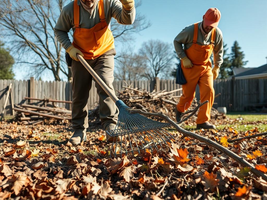 A realistic high-resolution photo of a team of workers efficiently removing fallen tree branches and leaves from a backyard. The composition should focus on one worker actively clearing debris with a rake, surrounded by scattered leaves and branches on the ground. In the background, there should be a clear blue sky and a few trees, emphasizing a clean and organized outdoor space. The lighting should be natural and bright, showcasing the hard work and dedication of the team.