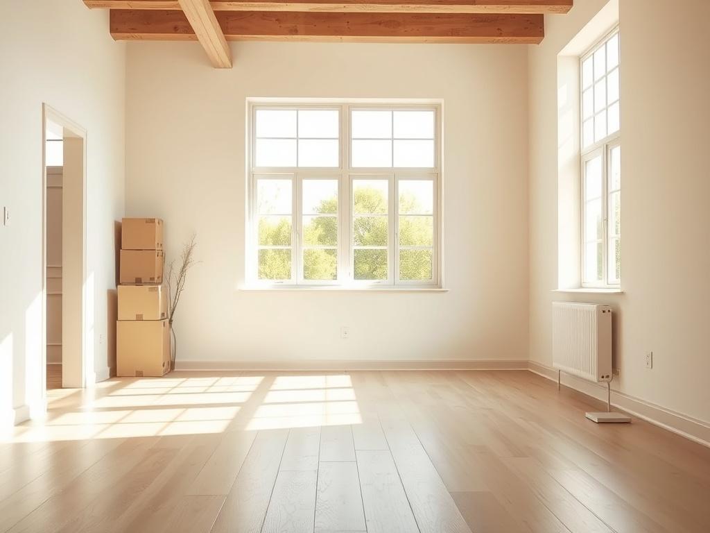 A realistic high-resolution photo of a clean, empty apartment interior with bright natural light streaming through windows. The focus is on a spacious living area that has been recently cleared of all furniture and clutter, showcasing freshly cleaned floors and walls. The background features a few moving boxes neatly stacked in one corner, symbolizing a recent move-in or move-out. The overall atmosphere is fresh, inviting, and ready for new occupants, with earthy tones and textures that evoke a sense of war