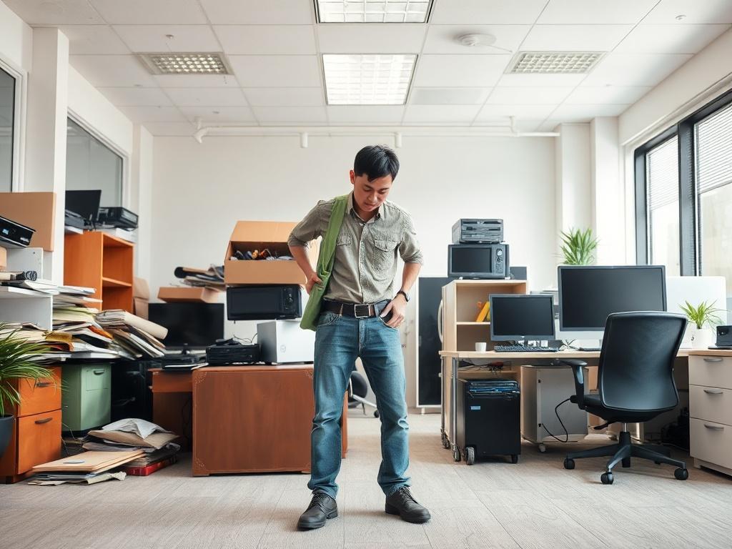 A clean and organized office space with a single focus on a professional junk removal team member actively clearing out old furniture and electronic equipment. The background features a bright, neutral-colored office environment, showcasing a before-and-after transformation with clutter on one side and a tidy workspace on the other. The image conveys a sense of efficiency and professionalism, emphasizing the importance of maintaining a clean commercial space.
