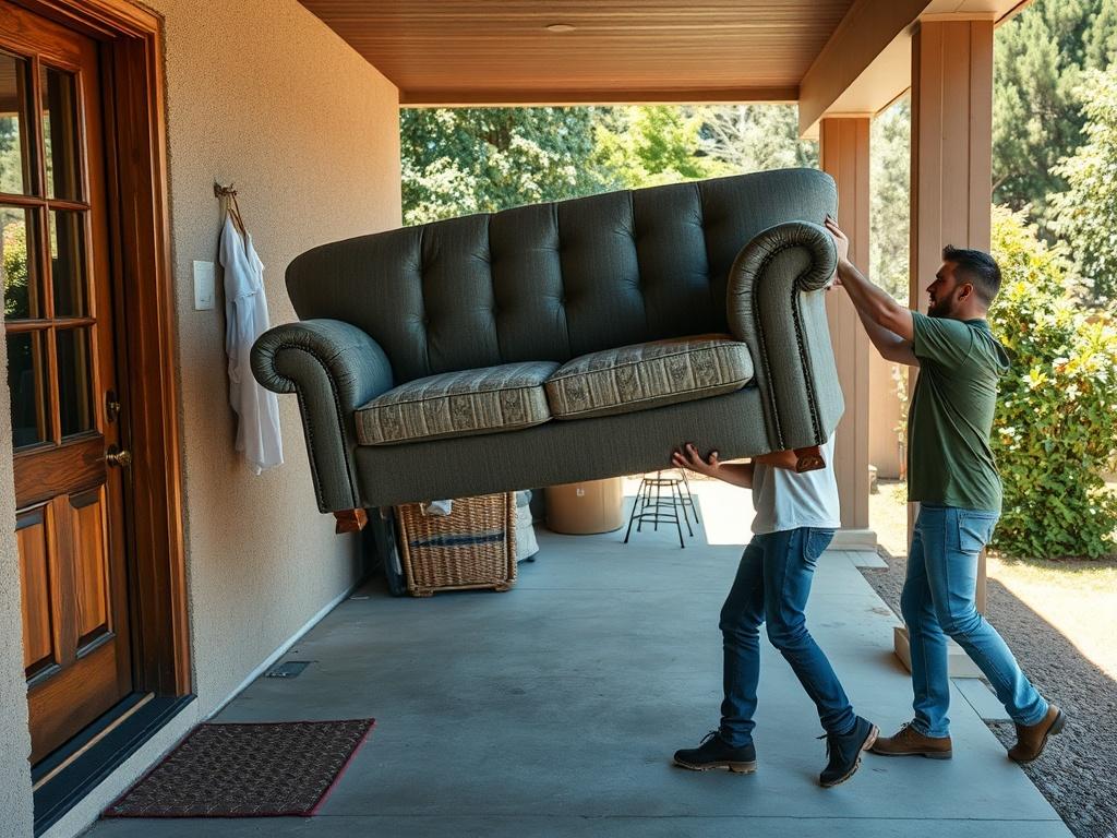 A professional junk removal team lifting a large old couch
