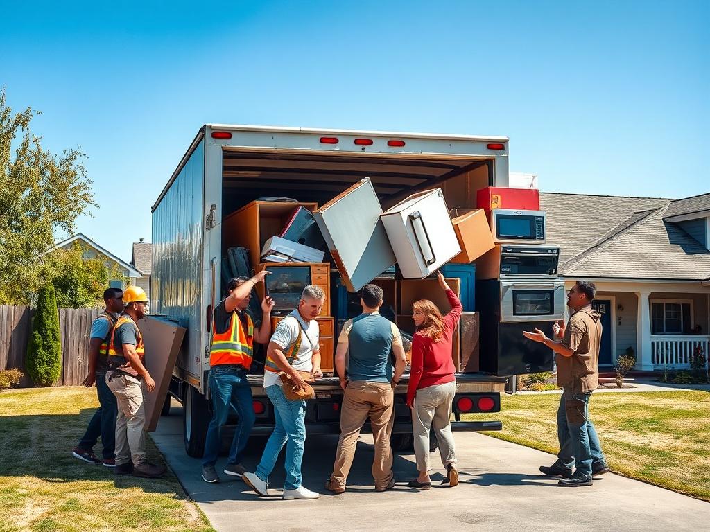A professional junk removal team in action, loading various items such as furniture and appliances into a truck. The scene is set in a residential area with a clear blue sky. The team is diverse, showing a mix of genders and ethnicities, wearing uniforms and safety gear. The background features a well-kept yard and a cozy home, capturing a sense of urgency and professionalism. The overall tone is bright and inviting, reflecting a reliable and friendly service.