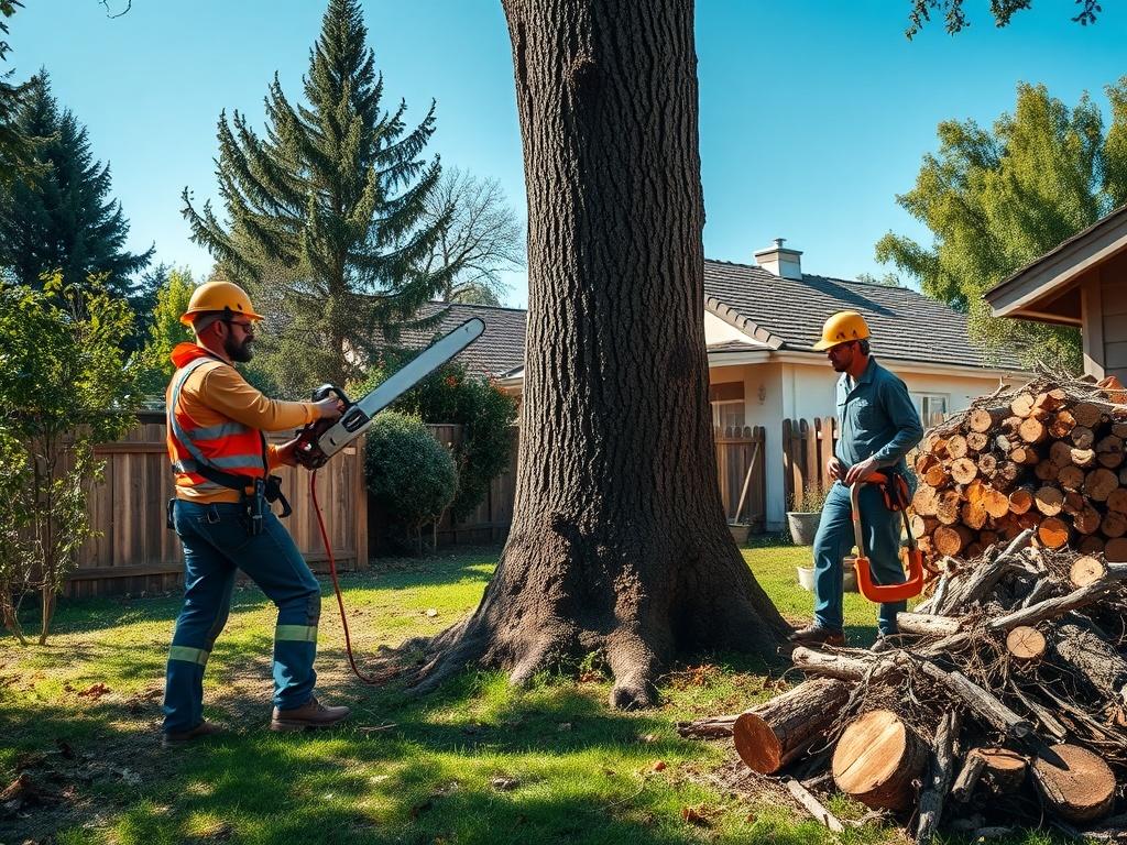 A high-resolution photo of a professional tree cutting crew at work in a residential backyard. The scene showcases a tree being carefully cut down with a chainsaw, surrounded by greenery and a clear blue sky. The crew is wearing safety gear and focused on their task, while piles of brush and cut wood are seen in the background. The composition highlights the safety and professionalism of the service, with earthy textures in the landscape.