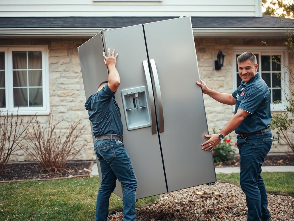 A realistic high-resolution photo of a team of two professional junk removal specialists lifting a large, old refrigerator outside of a house. The background features a tidy yard with earthy textures and natural tones. The specialists are wearing uniforms and smiling, showcasing a friendly and efficient service atmosphere.