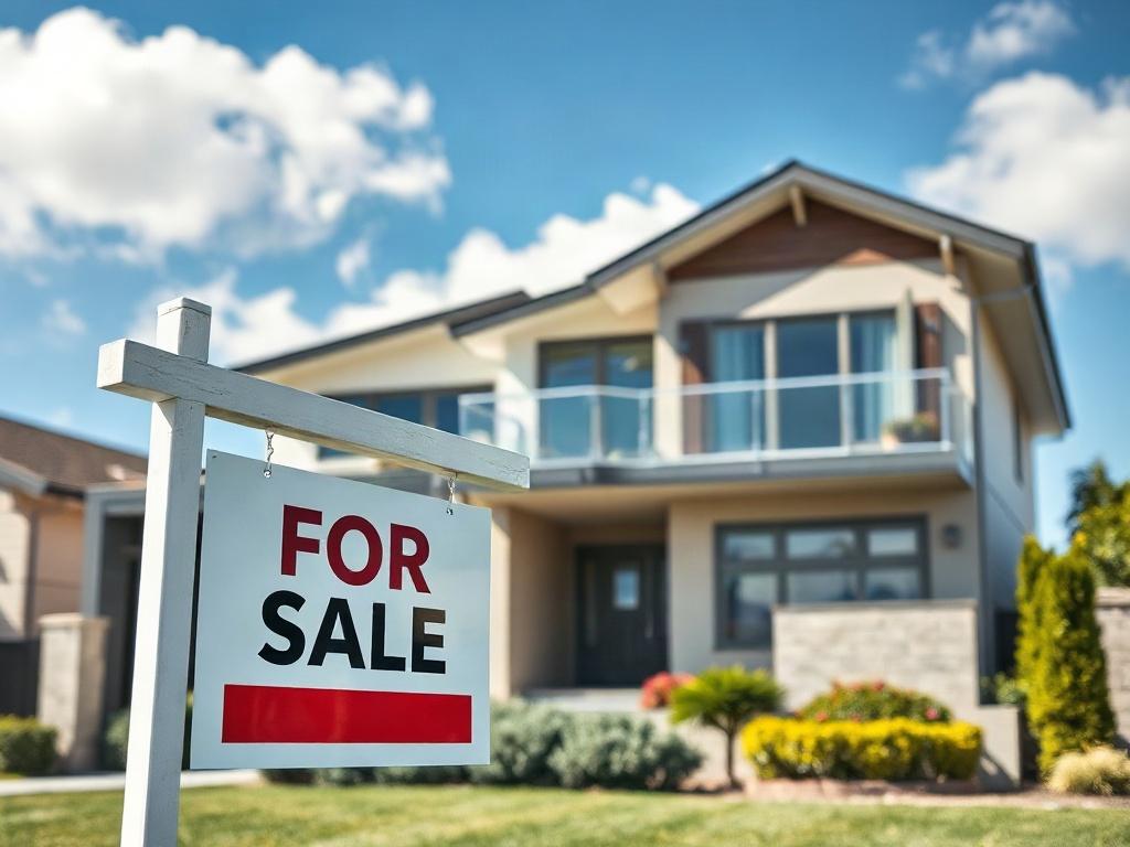 A focused shot of a modern residential property with a 'For Sale' sign in front, showcasing its appealing architecture. The background features a blue sky with a few clouds, and a well-maintained garden, emphasizing the property's value. The image should be vibrant, shot in hyper-realistic style to highlight the details of the property.